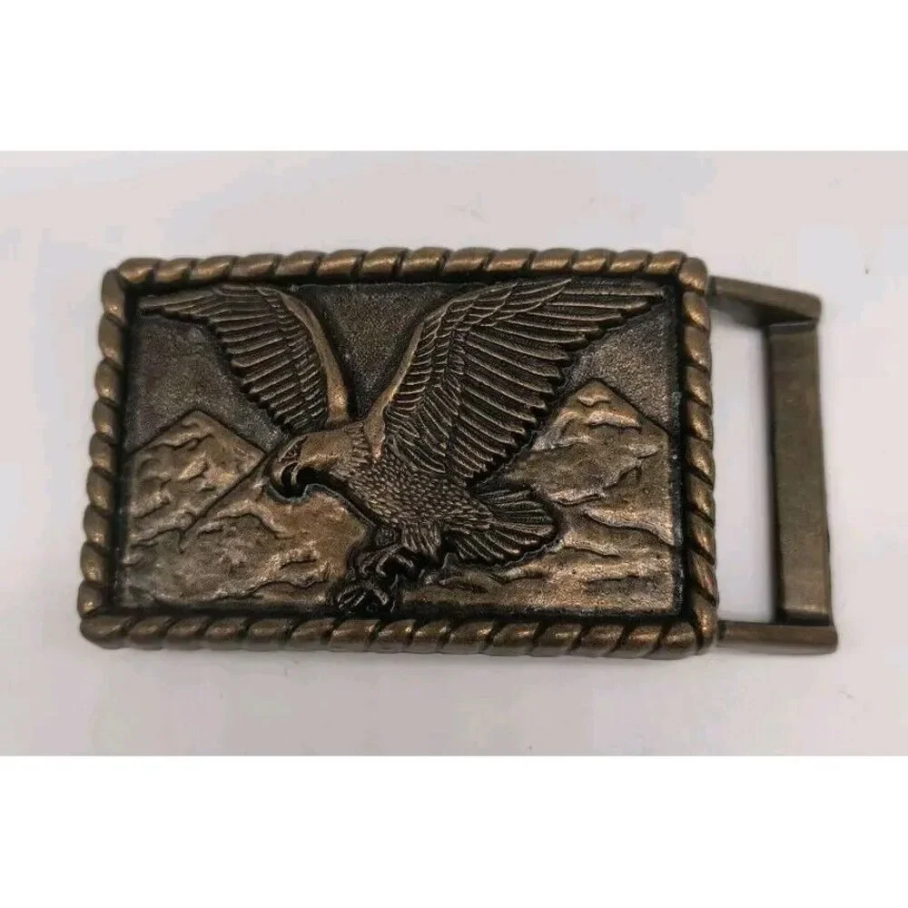 Vintage Bald Eagle Belt Buckle Flying Bird Mountain Background Brass Metal